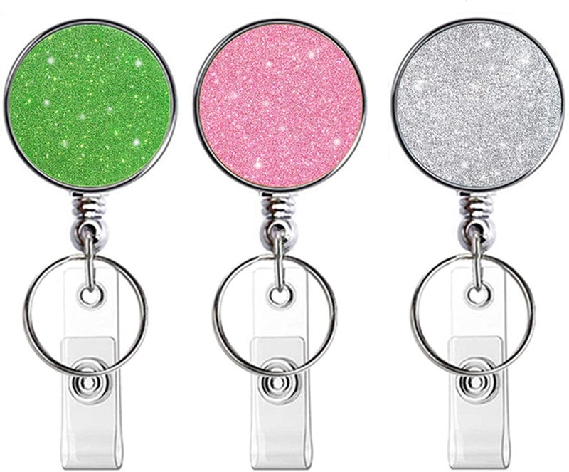 Boutilon Retractable Badge Holder, Badge Reels,Lightweight Plastic Badge Reel Card Holder Backing Belt Clip for Nurse,Volunteer,Teacher,Student(Glitter Silver Green Pink 3pack) - Image 1